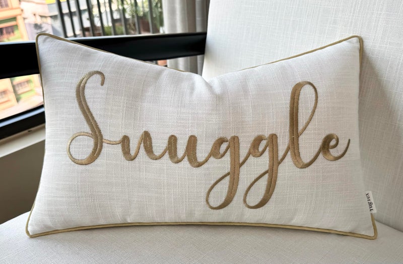 YugTex Romantic Couple Love Sentiment Embroidered Decorative Sayings Lumbar Accent Throw Pillowcase - Snuggle Phrase Decor for Wedding, Anniversary, Valentine - 12x20 Inches, Ivory - Image 1